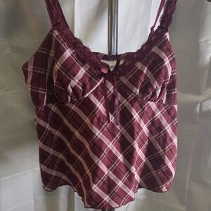 Cozy & Cute Burgundy Plaid Sleep Cami ❤️ Lace Trim Lounge Tank – No Boundaries